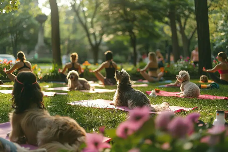Femme faisant du yoga près de son chien détendu sur un plaid
