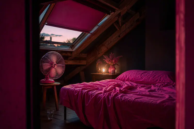 Chambre mansardée au crépuscule, fenêtre de toit entrouverte et ventilateur posé près du lit