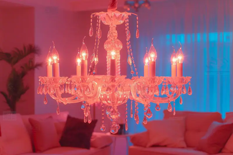 Salon chaleureux éclairé par lampadaire, lampe de table et LED indirectes