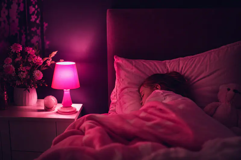 Enfant endormi dans son lit la nuit, ambiance calme et lumière tamisée