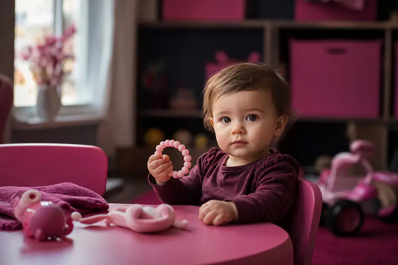 Jeune enfant assis à une table de crèche avec un anneau de dentition