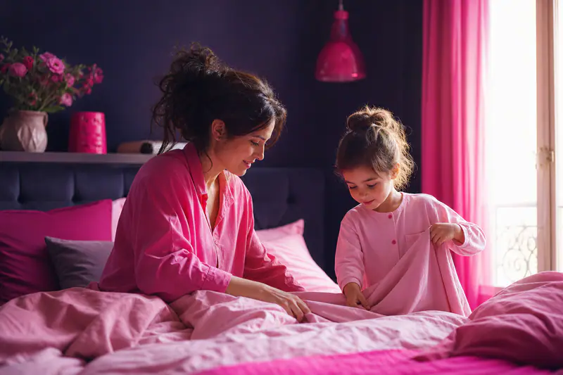 Mère et enfant changeant ensemble les draps d’un lit, ambiance calme et rassurante