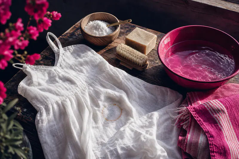 Robe en lin blanc tachée posée à plat avec savon, poudre détachante et bassine rose