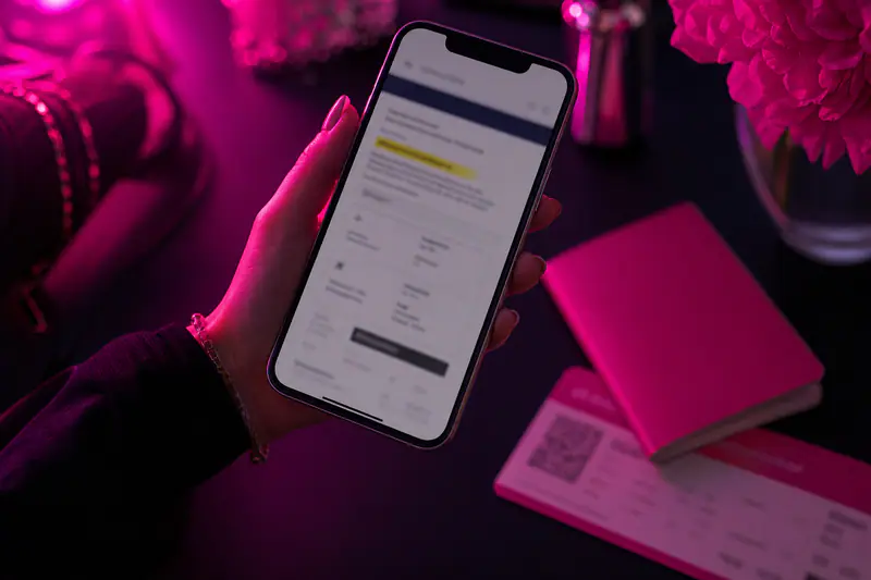 Smartphone affichant une confirmation de réservation de vol tenu au-dessus d’un passeport