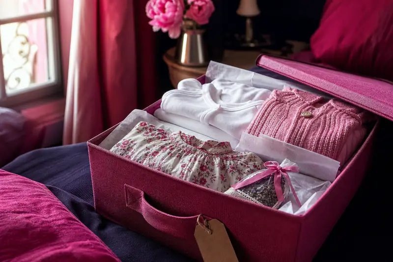 Petits vêtements de fille pliés rangés dans une boîte de rangement en tissu sur un lit