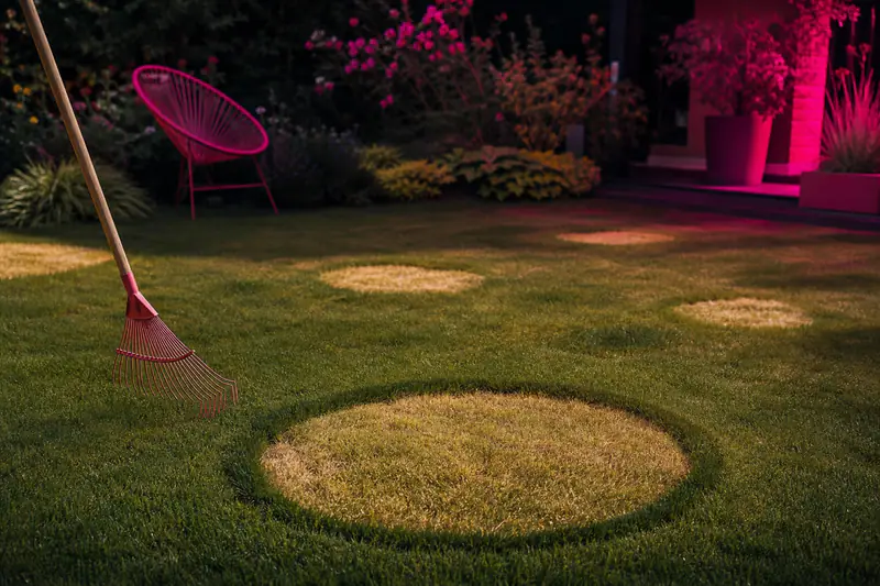 Pelouse verte avec plusieurs plaques jaunes, dont un rond net cerclé d’herbe plus verte