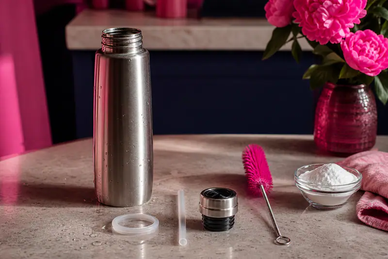 Gourde inox ouverte, bouchon démonté avec son joint, goupillon rose et bol de percarbonate