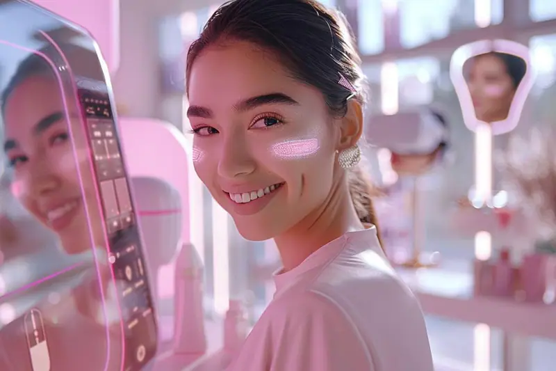 Femme comparant un masque LED, un IPL et une appli beauté