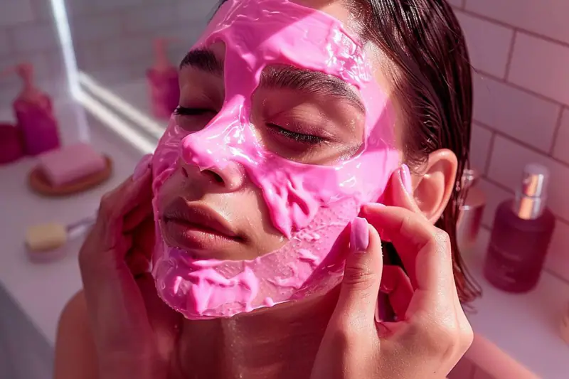 Femme appliquant un masque en tissu hydratant devant son miroir en automne