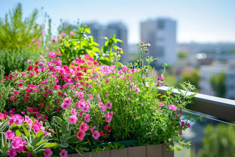 Petit balcon urbain planté de vivaces, aromatiques et bulbes d’automne