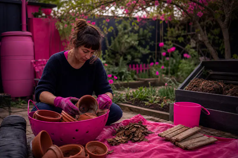 Jardinière triant pots récupérés, feuilles de paillage et bois brut au printemps