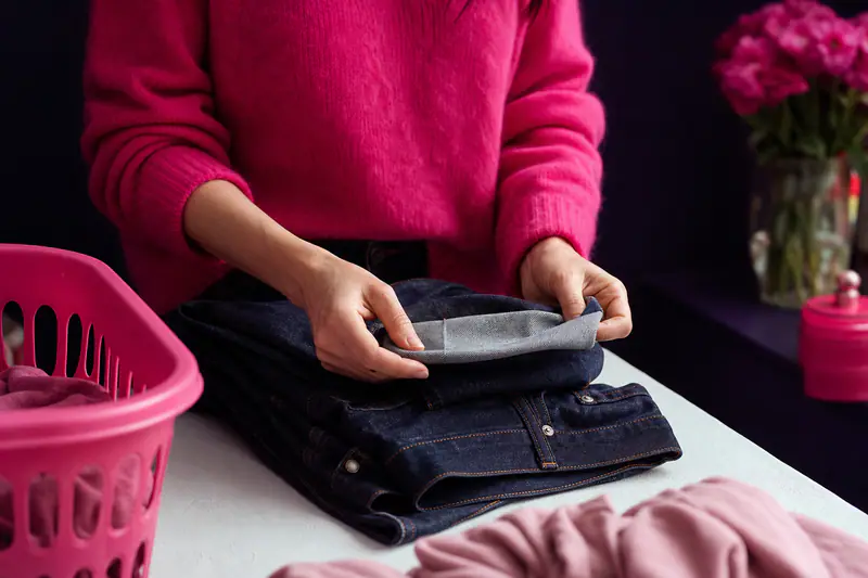 Mains retournant un jean bleu indigo à l’envers avant lavage, panier à linge en arrière-plan