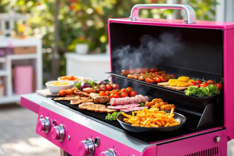 Barbecue de printemps avec asperges, brochettes de poulet et pêches grillées