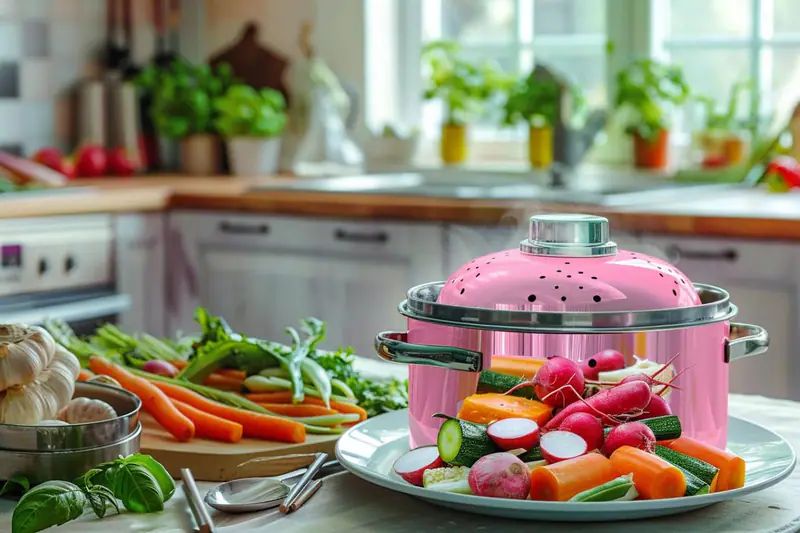 Panier vapeur avec brocoli, potimarron et saumon dans une cuisine automnale