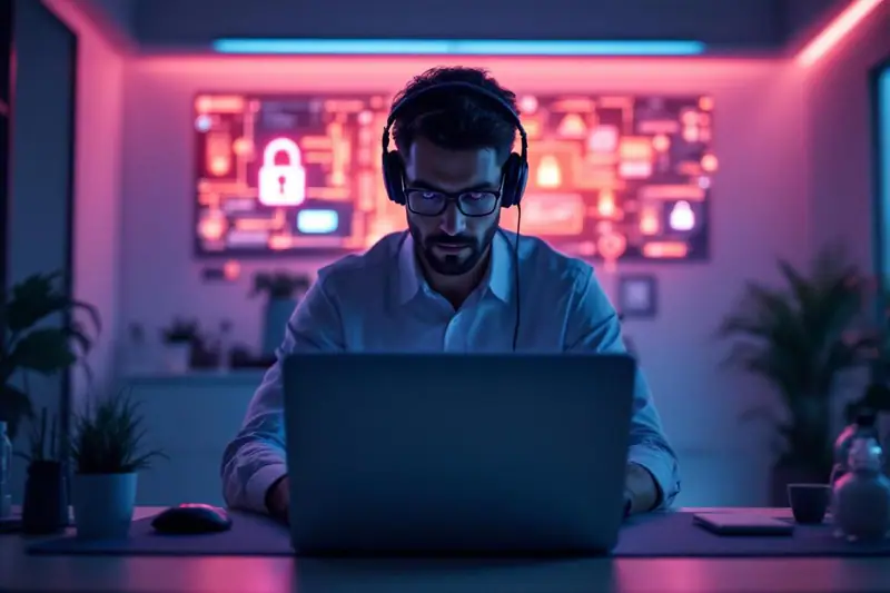 Femme sécurisant son ordinateur et son Wi-Fi à la maison