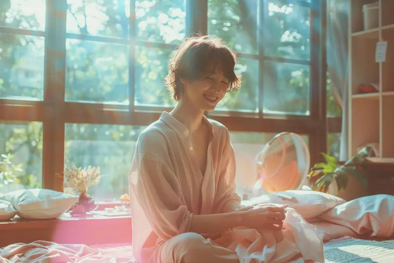 Tri de vêtements KonMari sur un lit avec boîtes de don et tiroir plié verticalement