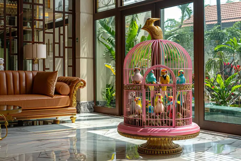 Calopsitte dans un salon avec grande cage, jouets et légumes frais