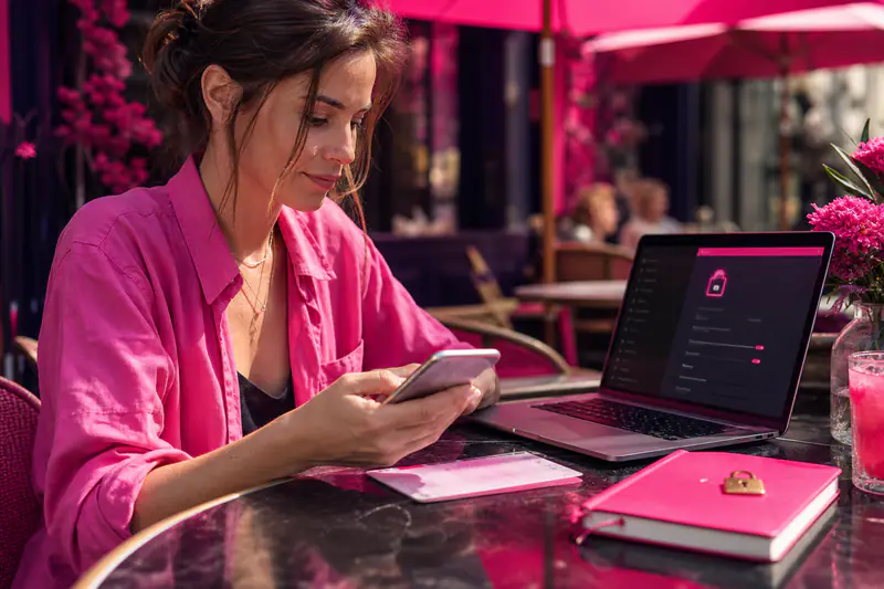 Voyageuse réglant la confidentialité de son smartphone et ordinateur portable