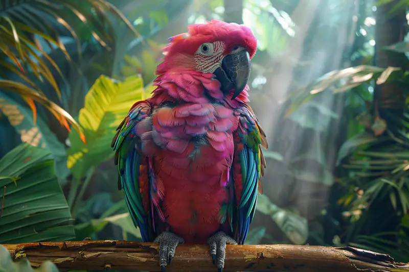 Perroquet conure observé calmement devant ses jouets d’enrichissement à la maison