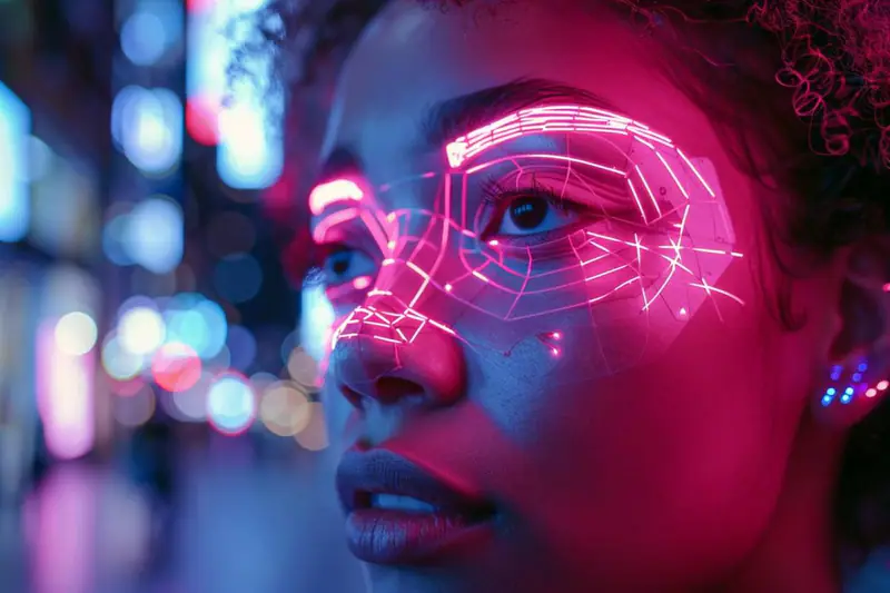 Usagère consultant les réglages biométriques de son téléphone sous une caméra.