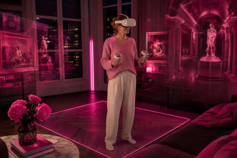 Femme utilisant un casque VR pour explorer virtuellement un musée depuis son salon