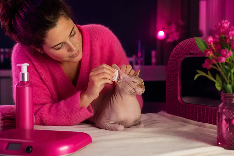 Un sphynx sur un plaid pendant un soin d’oreille à domicile.