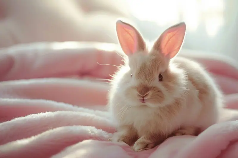 Lapin nain dans un grand enclos intérieur aménagé avec foin et cachettes