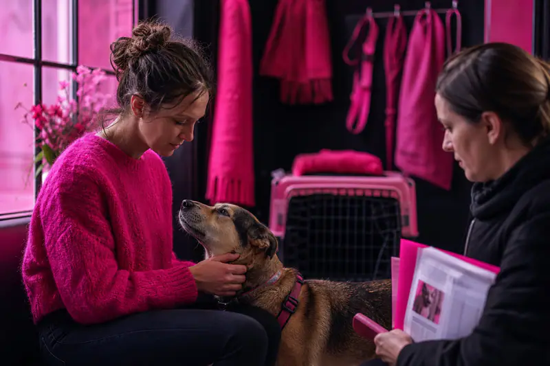 Future adoptante rencontre calmement un chien adulte avec une bénévole de refuge.