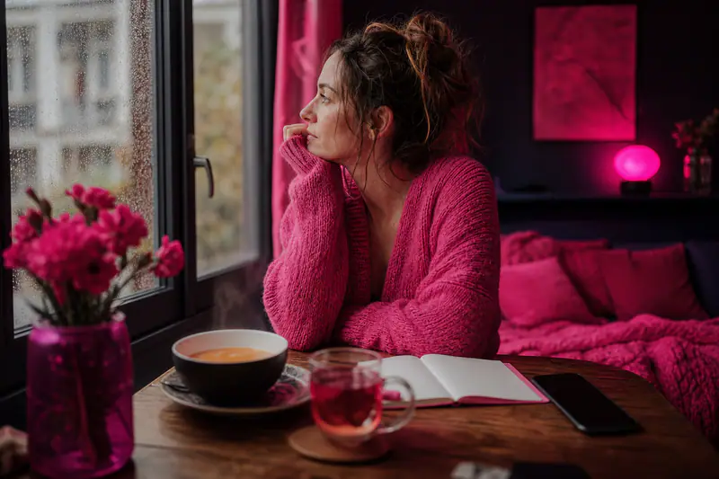 Femme faisant une pause près d’une fenêtre avec carnet et tisane