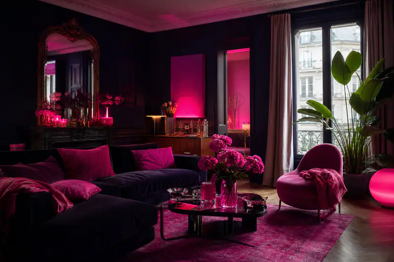 Salon lumineux mêlant canapé contemporain, buffet vintage et miroir ancien
