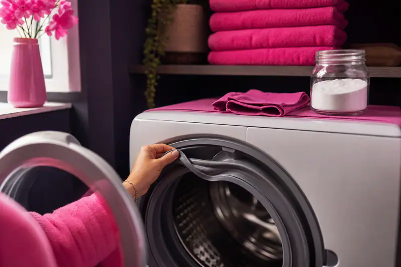 Main écartant le joint d’un hublot de lave-linge, chiffon rose et bocal de percarbonate posés dessus