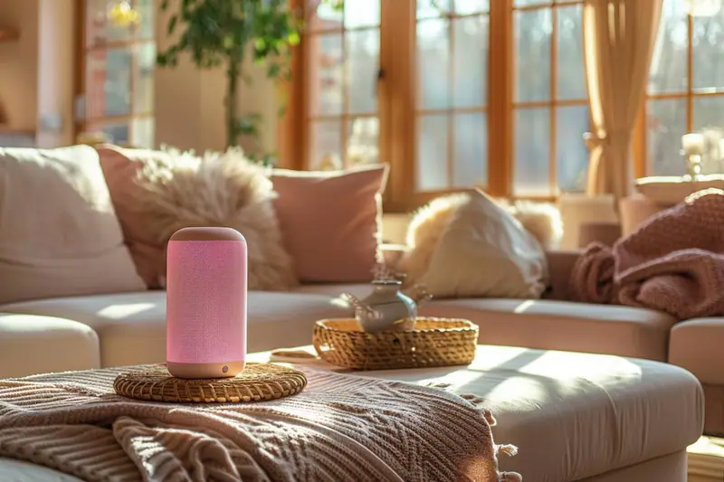 Salon d’hiver avec thermostat connecté et caméra intérieure dotée d’un cache