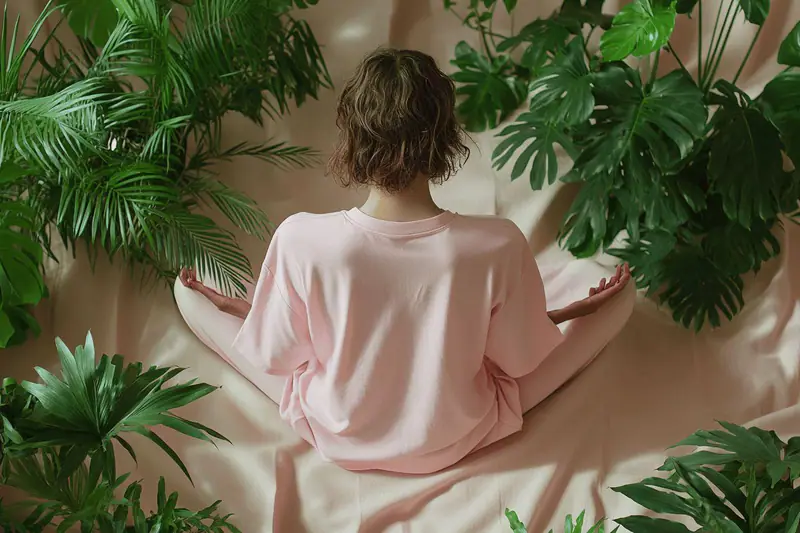 Femme triant quelques objets sur une table lumineuse et rangée au printemps.