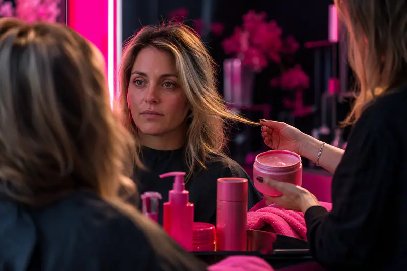 Coiffeuse examinant une mèche de cheveux abîmés avant un soin botox capillaire