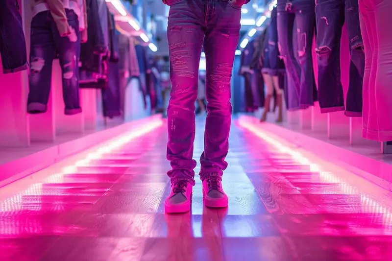 Femmes comparant différentes coupes de jeans dans une cabine lumineuse