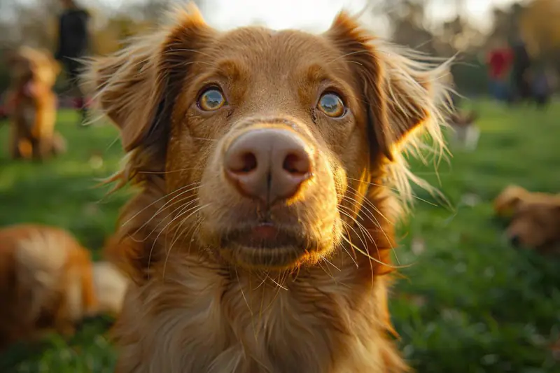 Chien regardant de côté dans un intérieur éclairé par une lumière d’automne