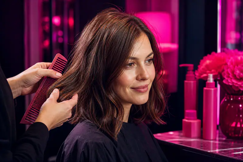 Coiffeuse examinant des longueurs brillantes après un soin capillaire gainant en salon