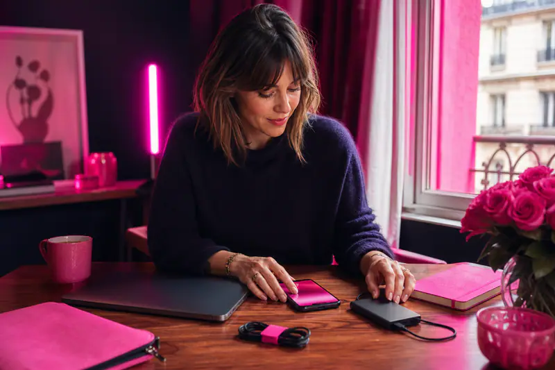 Femme organisant son smartphone et ordinateur sur un bureau épuré en hiver