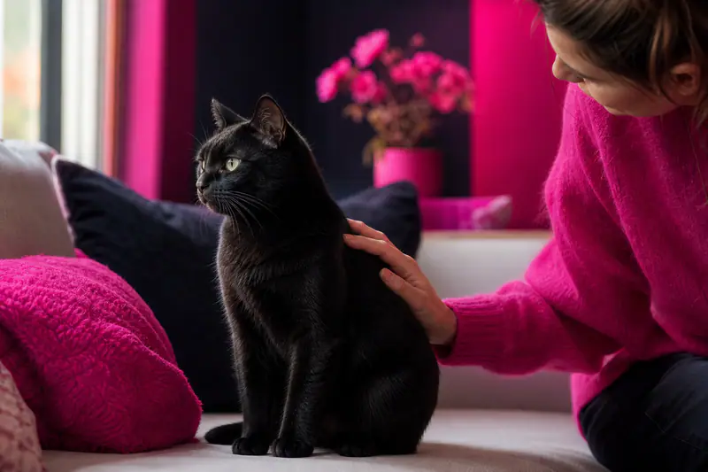 Chat noir calme observé près d’une fenêtre dans un salon lumineux