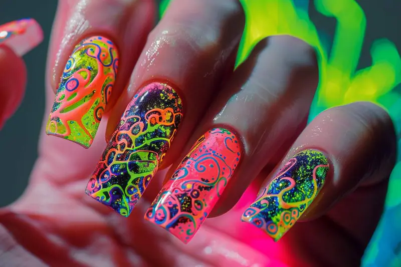 Mains aux ongles psychédéliques aux vagues orange, crème et chocolat