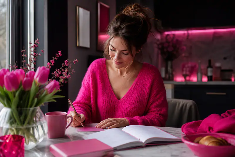 Femme écrivant une affirmation positive près de son agenda et d’un café