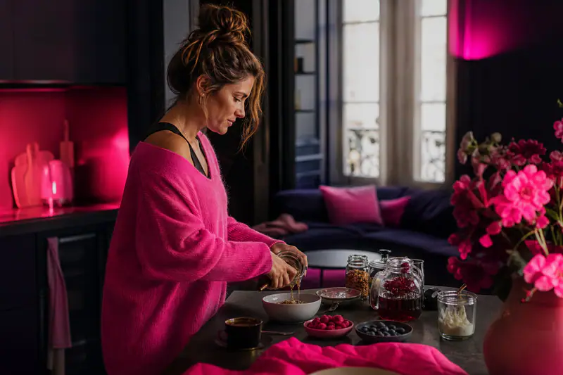 Femme préparant un petit-déjeuner simple près d’un planning de routine hivernale