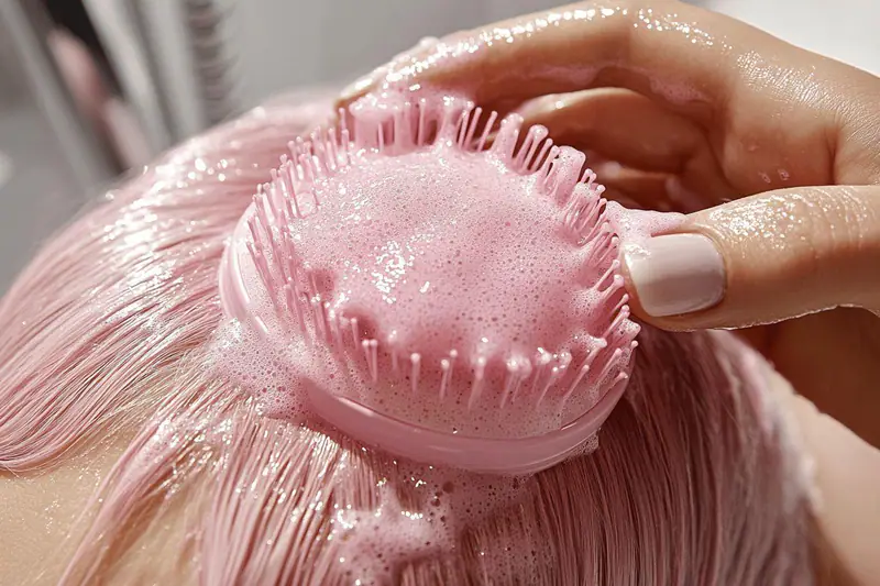Femme appliquant un scrub doux sur son cuir chevelu mouillé par raies.