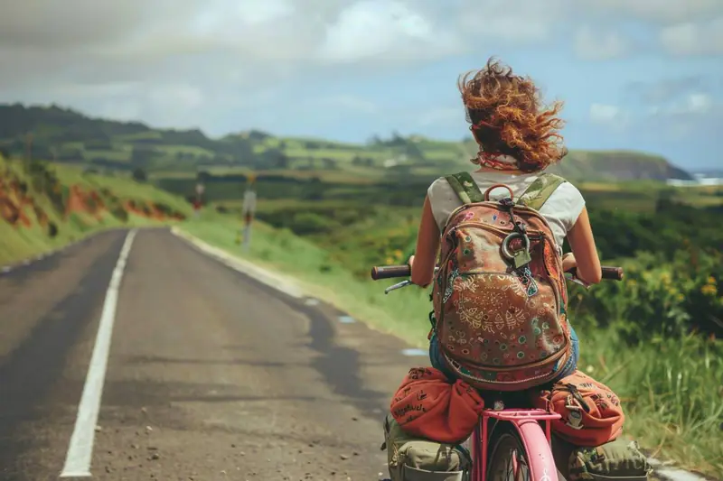 Voyageuse avec vélo et sac à une petite gare en automne