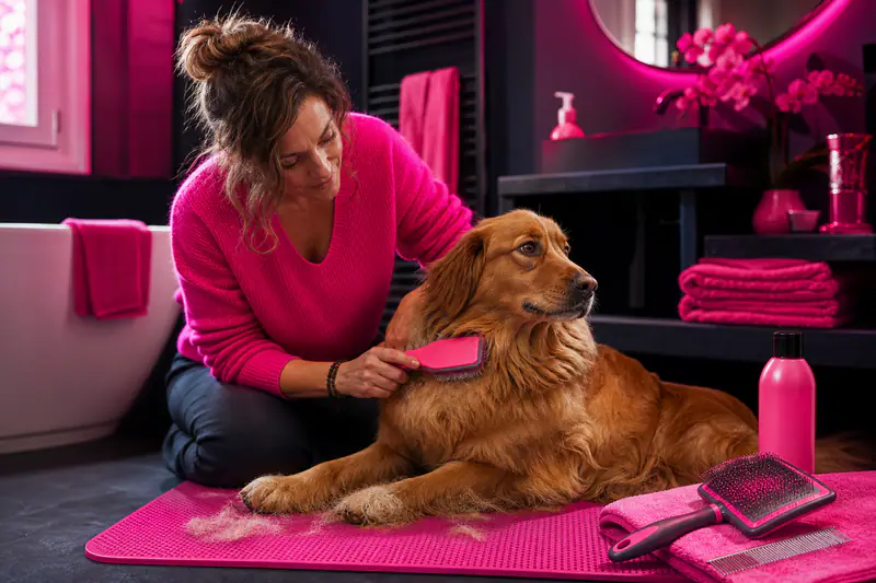 Femme brossant doucement son chien sur un tapis antidérapant à la maison