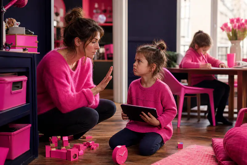 Mère posant calmement une limite à son enfant près de jouets et tablette