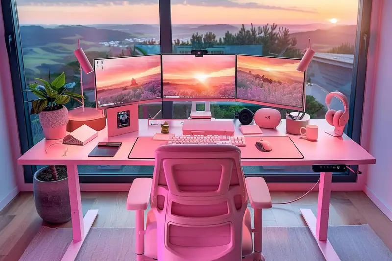 Bureau de télétravail équipé d’un écran, casque, clavier et souris ergonomique