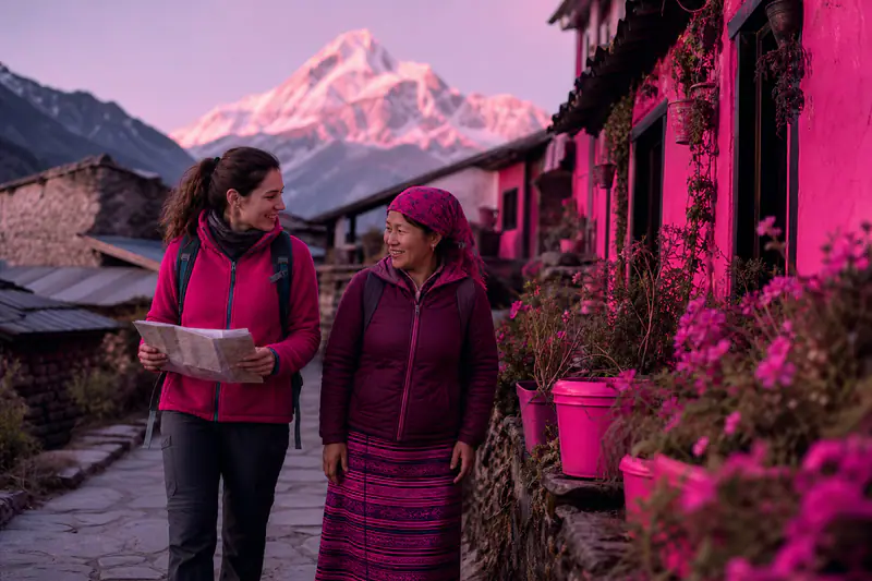 Voyageuse et guide locale marchant dans un village de montagne en hiver