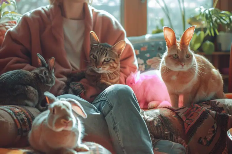 Femme aspirant son salon pendant qu’un chat repose sur un plaid lavable