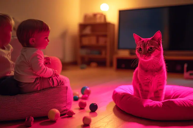 Une mère supervise un enfant près d’un chien et d’un chat en hauteur.
